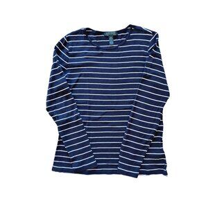 Lauren Ralph Lauren Womens Navy White Striped Long Sleeve Knit Top Size Large